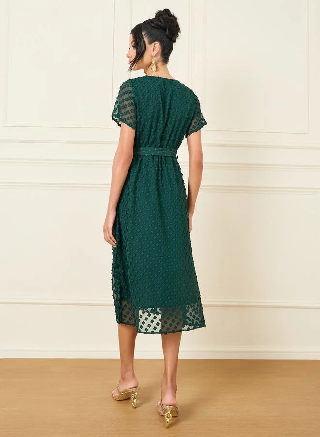 Styli Dobby Self Tie Up A-Line Midi Dress