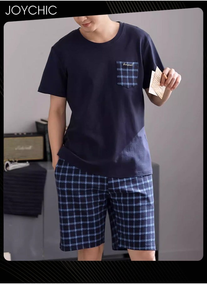 Joychic - 2-piece Men's Summer Modal Cotton Silk Pajama Set  Lattice Pattern Skin-friendly Breathable Home Sleepwear for Teenagers Men - Image 1