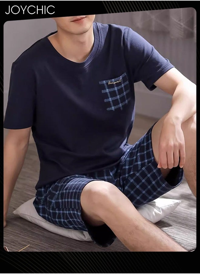 Joychic - 2-piece Men's Summer Modal Cotton Silk Pajama Set  Lattice Pattern Skin-friendly Breathable Home Sleepwear for Teenagers Men - Image 1