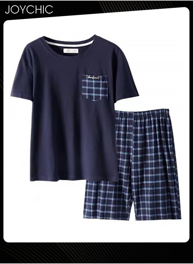 Joychic - 2-piece Men's Summer Modal Cotton Silk Pajama Set  Lattice Pattern Skin-friendly Breathable Home Sleepwear for Teenagers Men - Image 1
