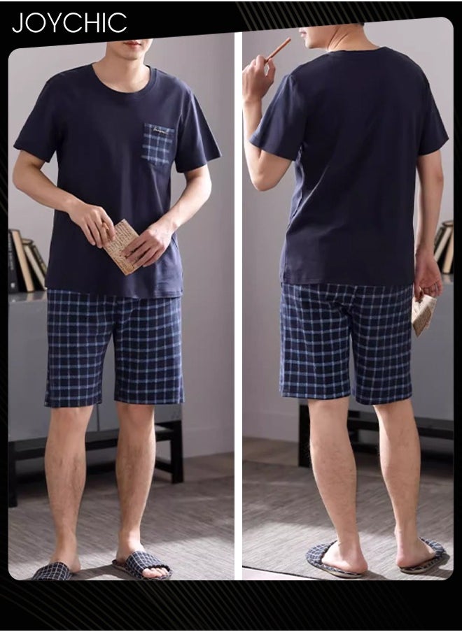 Joychic - 2-piece Men's Summer Modal Cotton Silk Pajama Set  Lattice Pattern Skin-friendly Breathable Home Sleepwear for Teenagers Men - Image 1