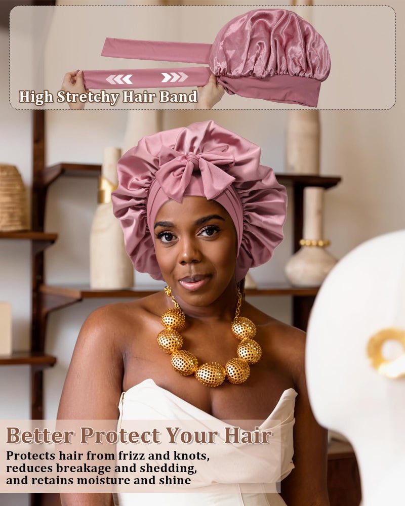CHLINS Reversible Satin Bonnet for Sleeping Women - Double Layer Hair Wrap with 2PCS Scrunchies & Elastic Tie Band - Night Cap for Natural Curly Hair (Bean Paste + Pink) - Image 3