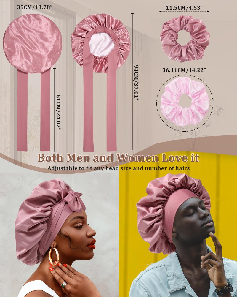 CHLINS Reversible Satin Bonnet for Sleeping Women - Double Layer Hair Wrap with 2PCS Scrunchies & Elastic Tie Band - Night Cap for Natural Curly Hair (Bean Paste + Pink) - Image 2