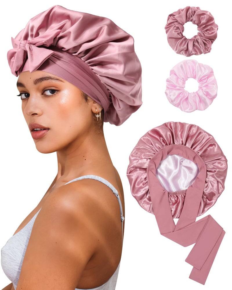CHLINS Reversible Satin Bonnet for Sleeping Women - Double Layer Hair Wrap with 2PCS Scrunchies & Elastic Tie Band - Night Cap for Natural Curly Hair (Bean Paste + Pink) - Image 1