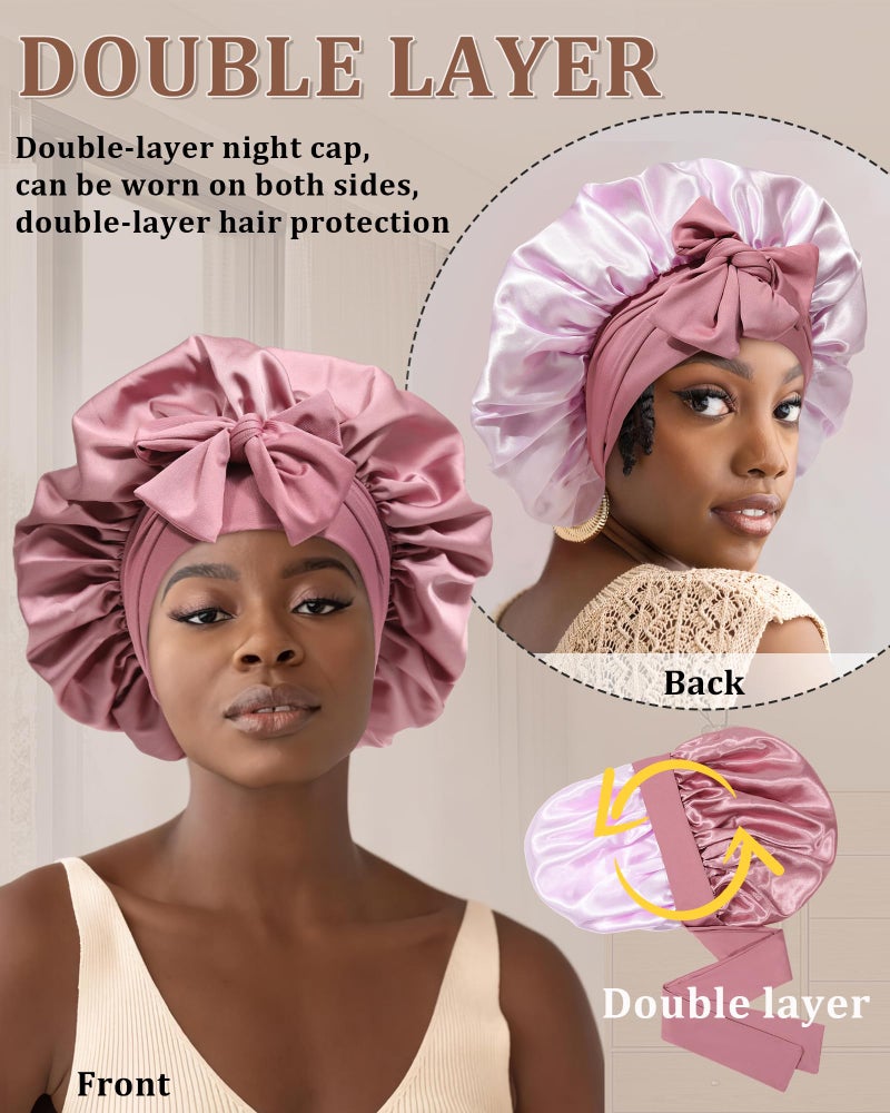 CHLINS Reversible Satin Bonnet for Sleeping Women - Double Layer Hair Wrap with 2PCS Scrunchies & Elastic Tie Band - Night Cap for Natural Curly Hair (Bean Paste + Pink) - Image 4