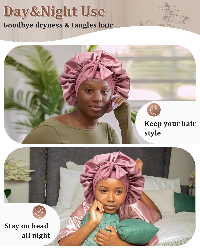 CHLINS Reversible Satin Bonnet for Sleeping Women - Double Layer Hair Wrap with 2PCS Scrunchies & Elastic Tie Band - Night Cap for Natural Curly Hair (Bean Paste + Pink) - Image 5