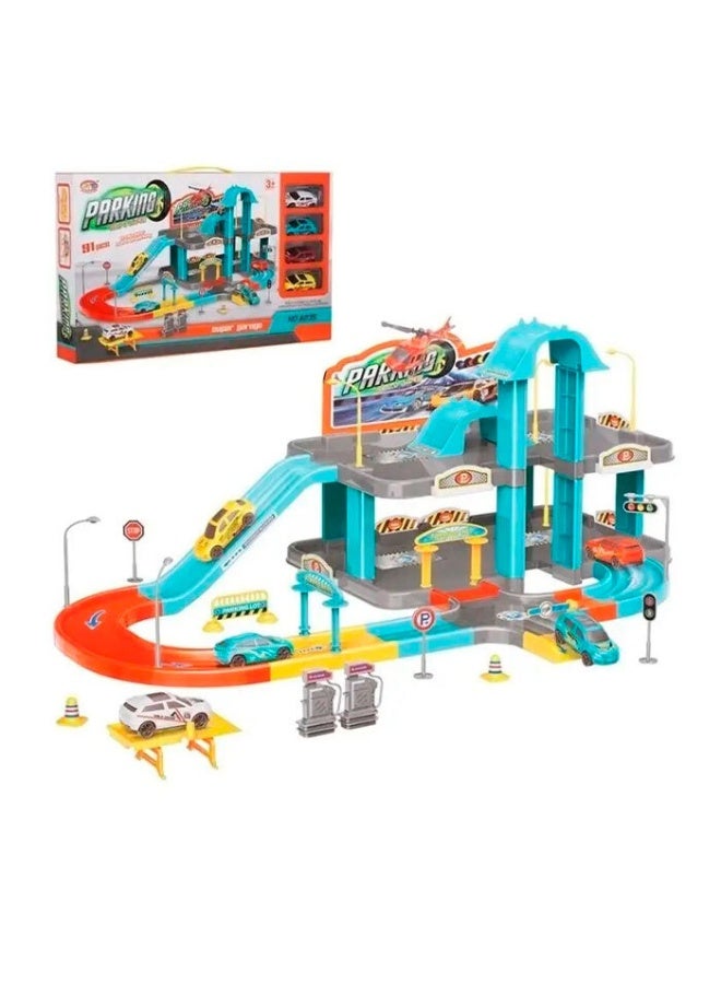 Lacoz City Life Parking Garage Playset 2-Level Toy Car Garage with 4 Cars Ramps Signs and Accessories Multi-Storey Parking Toy for Boys  Girls Safe and Durable Learning Gift - Image 1