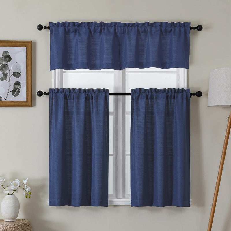 Chyhomenyc Blue Valance for Windows, Light Filtering Faux Linen Textured Small Kitchen Window Curtain, Rod Pocket Short Valance for Bathroom Laundry Basement, 60Wx14L inch, 1 Piece - Image 2