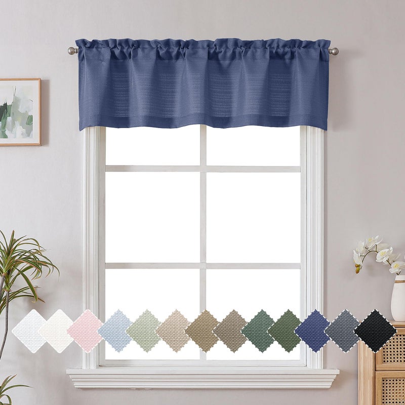 Chyhomenyc Blue Valance for Windows, Light Filtering Faux Linen Textured Small Kitchen Window Curtain, Rod Pocket Short Valance for Bathroom Laundry Basement, 60Wx14L inch, 1 Piece - Image 1