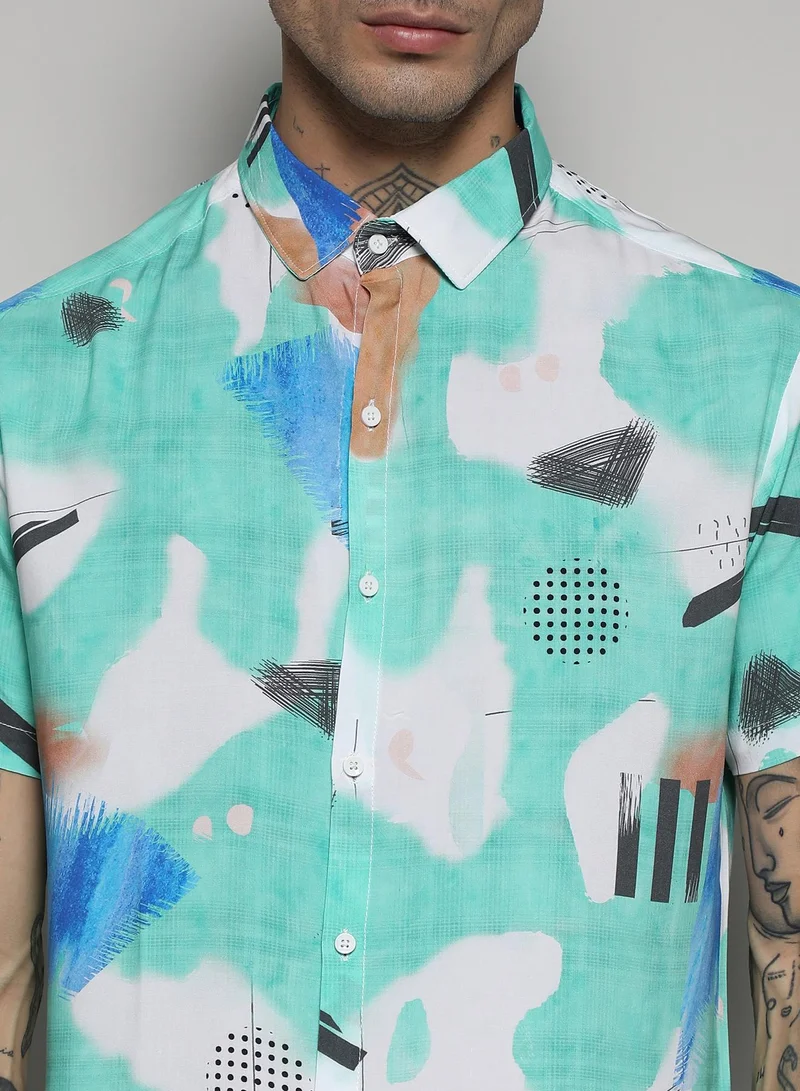 Campus Sutra Men's EcoLiva Mint Green Abstract Strokes Shirt