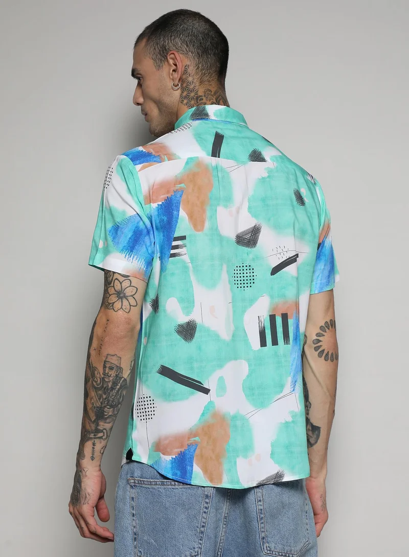 Campus Sutra Men's EcoLiva Mint Green Abstract Strokes Shirt