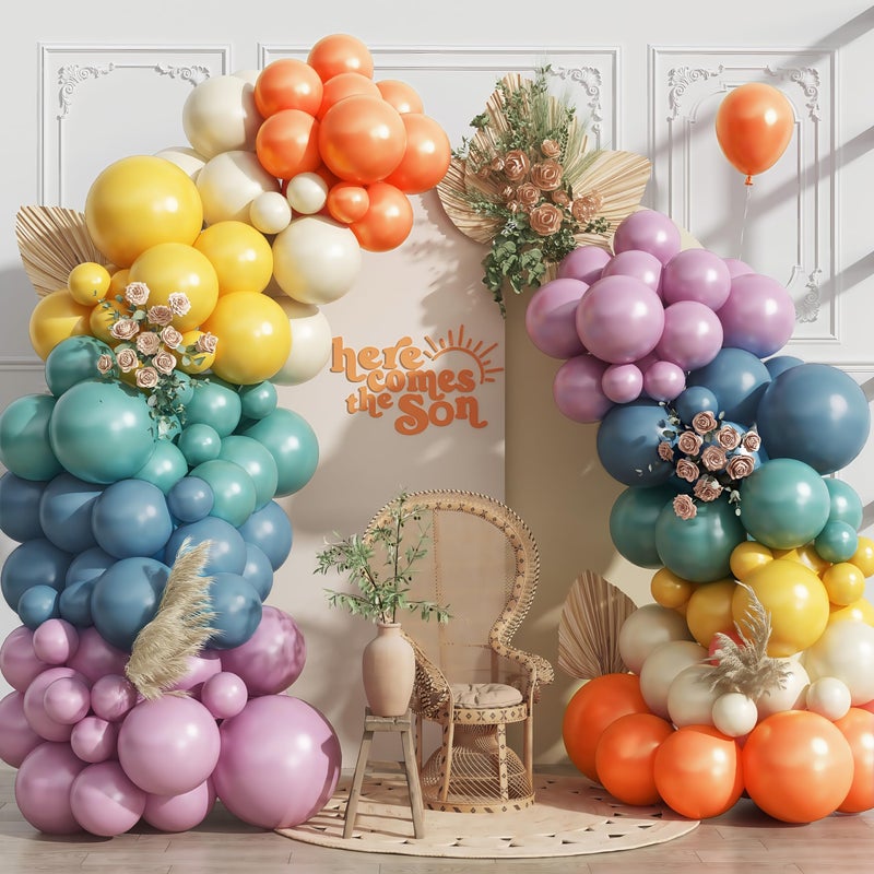 Paeyeq 124PCS Rainbow Balloon Arch Kit, Assorted Colorful Balloon Garland with Dusty Slate Blue Retro Orange Balloons, Mustard Yellow Beige Balloons for Baby Shower Boho Groovy Birthday Party Decorations - Image 1