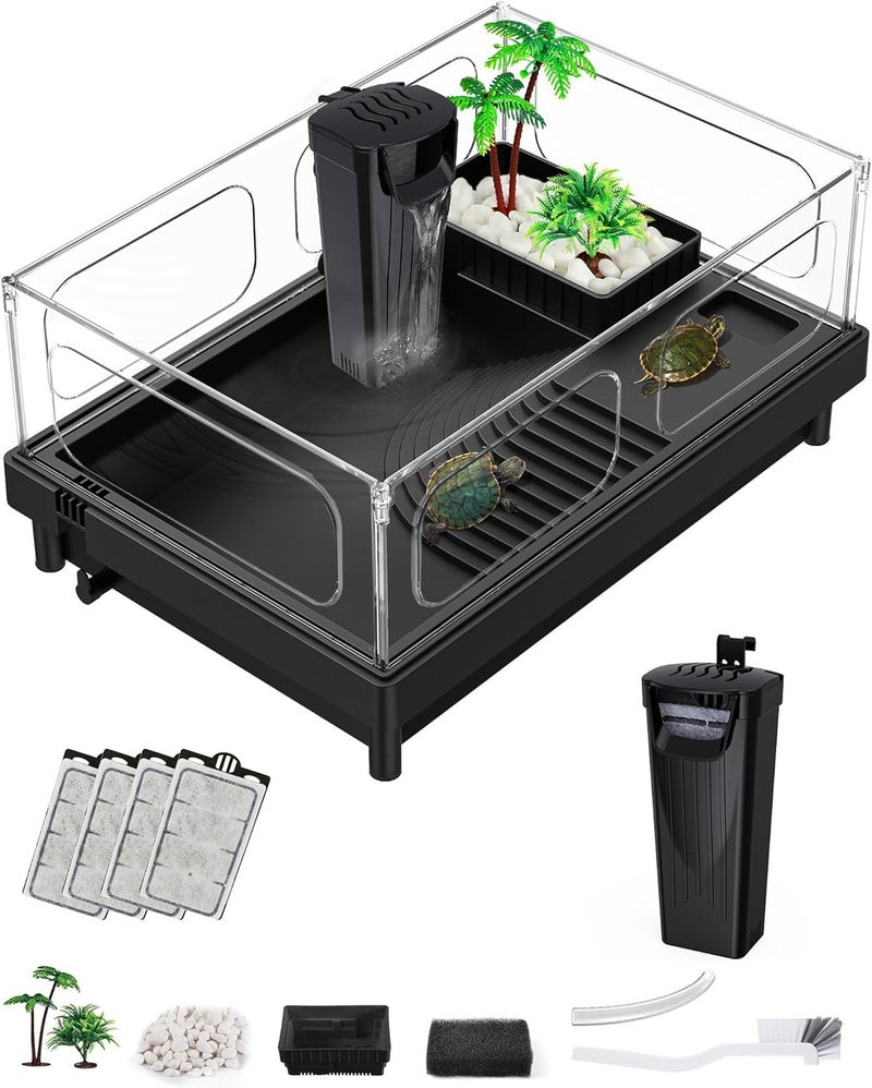 MoonOrange Small Turtle Tank, Aquarium, Acrylic Terrarium with Basking Platform, Bottom Drainage, Multi-Function Areas for Turtles, Crabs, Crayfish, Reptiles.(Black+Filter) - Image 1
