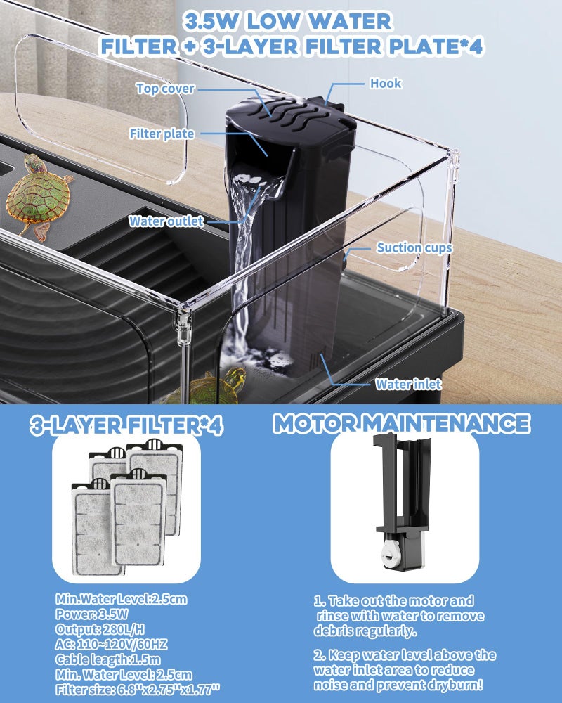 MoonOrange Small Turtle Tank, Aquarium, Acrylic Terrarium with Basking Platform, Bottom Drainage, Multi-Function Areas for Turtles, Crabs, Crayfish, Reptiles.(Black+Filter) - Image 5