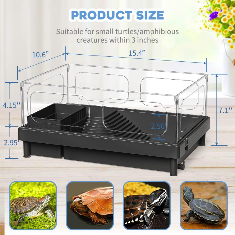 MoonOrange Small Turtle Tank, Aquarium, Acrylic Terrarium with Basking Platform, Bottom Drainage, Multi-Function Areas for Turtles, Crabs, Crayfish, Reptiles.(Black+Filter) - Image 4