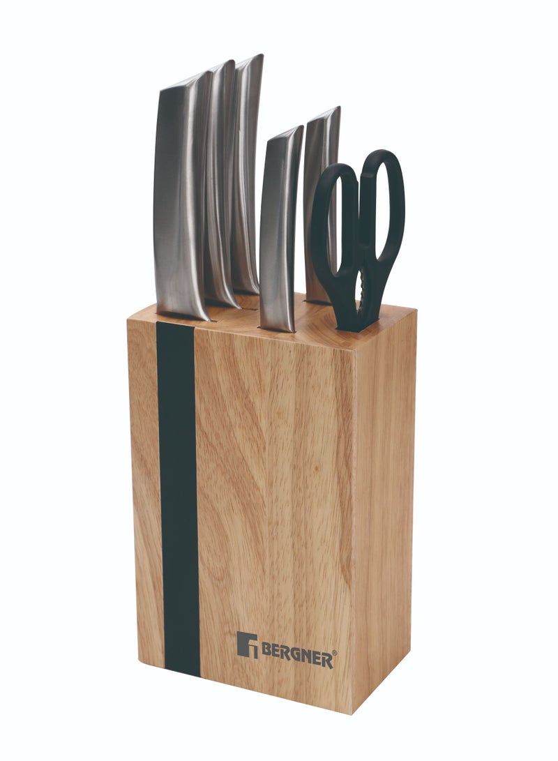 BERGNER مجموعة سكاكين شرائح اللحم المصنوعة من الفولاذ المقاوم للصدأ من KEOPS-STEEL مكونة من 6 قطع مع كتلة سكاكين خشبية - Image 1
