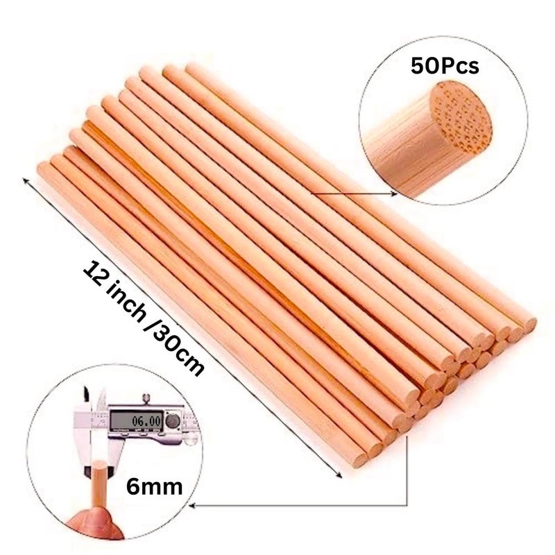 bloomax ® 50 قطعة قضبان دائرية خشبية (6 مم / 12 بوصة) غير مشغولة من الخشب الصلب الطبيعي، عصي دائرية للحرف اليدوية، الفن ومشاريع DIY - Image 3
