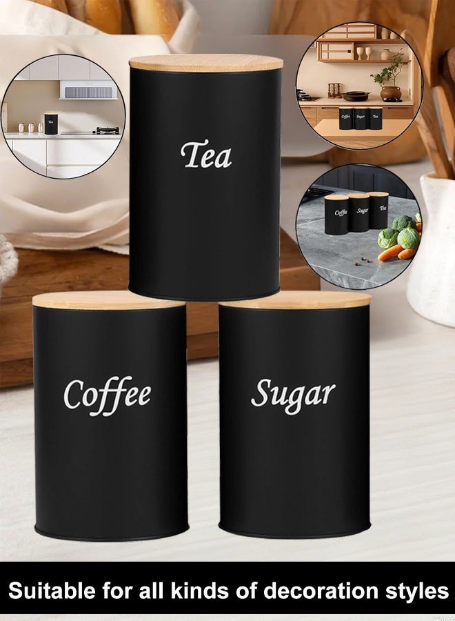 PHISMA 3pcs Coffee Storage Can Tea Snacks Coffee Bean Storage Can Bamboo Lid Iron Art Display round Can(Black) - Image 2