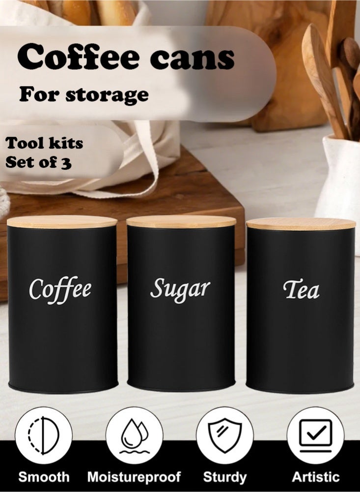PHISMA 3pcs Coffee Storage Can Tea Snacks Coffee Bean Storage Can Bamboo Lid Iron Art Display round Can(Black) - Image 1
