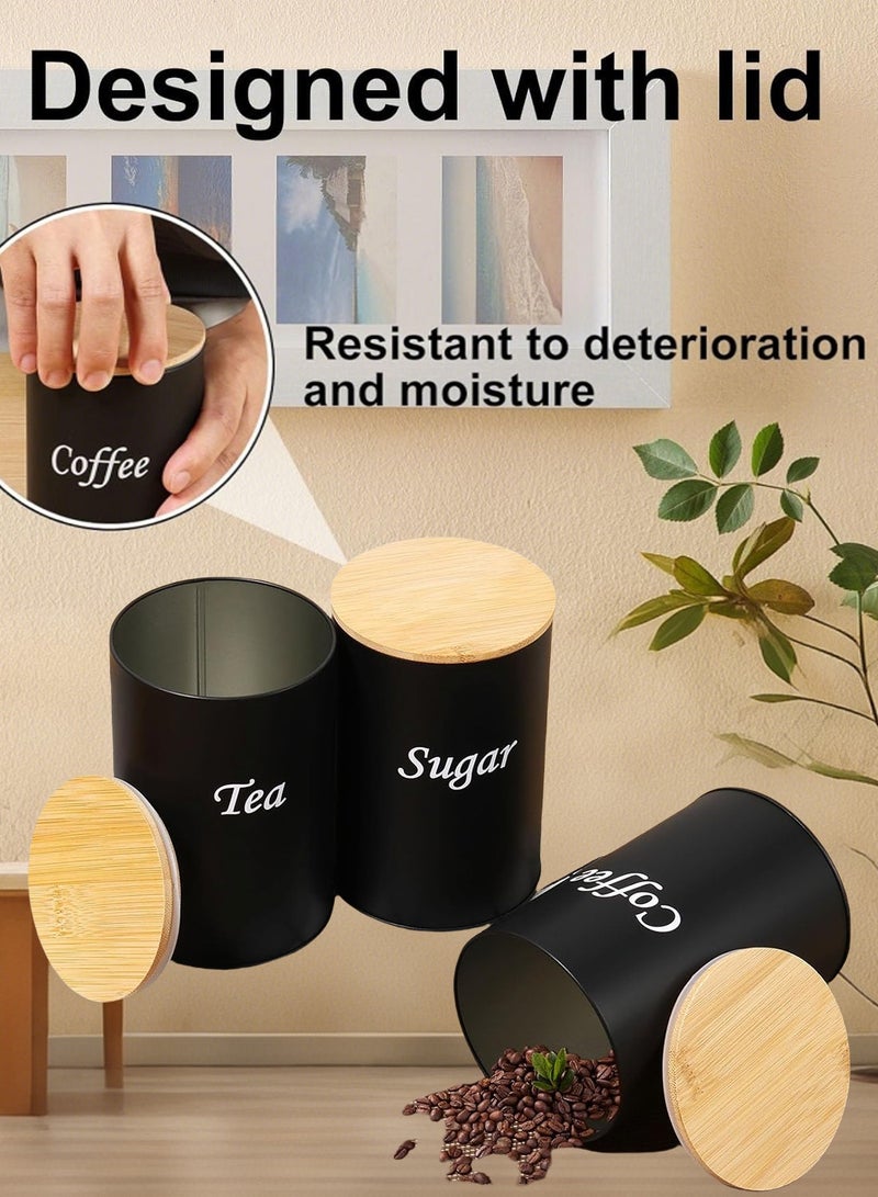 PHISMA 3pcs Coffee Storage Can Tea Snacks Coffee Bean Storage Can Bamboo Lid Iron Art Display round Can(Black) - Image 3