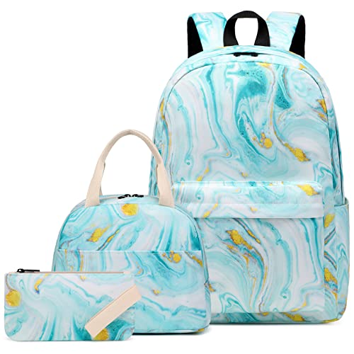 Dezcrab Marble Turquoise Kids Backpack for Girls Teens School Bags Bookbags Set with Lunch Bag Pencil Case Teal - Image 1
