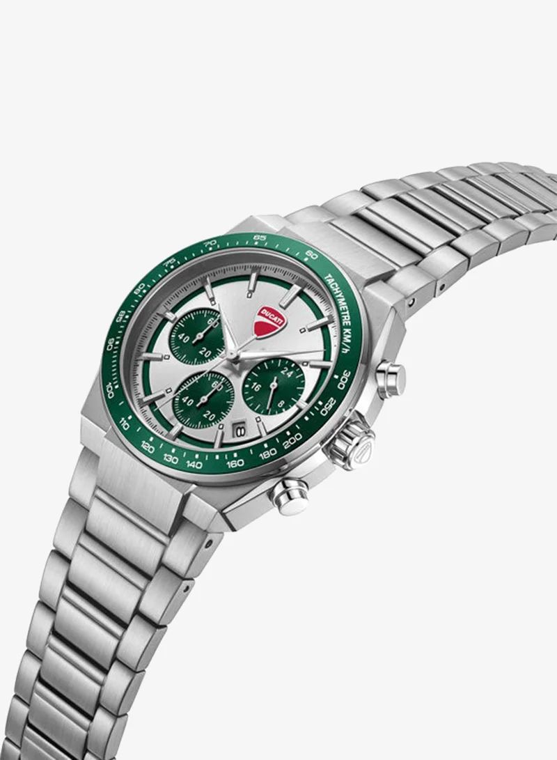 دوكاتي Nitro Silver-Green Dial, Stainless Steel Bracelet, Chronograph Watch for Men, 43mm