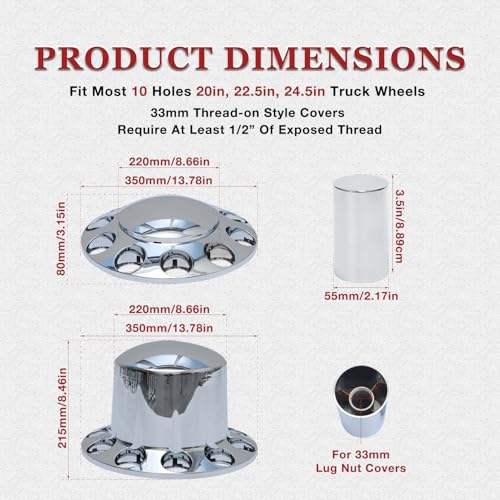 JESONN 33mm Chrome ABS Plastic Axle Cover Combo Kit Thread On Lug Nut Covers with 2 Front and 4 Rear Axle Wheel Cover Removable Hub Caps for Semi Trucks (Standard-ACN35) - Image 2
