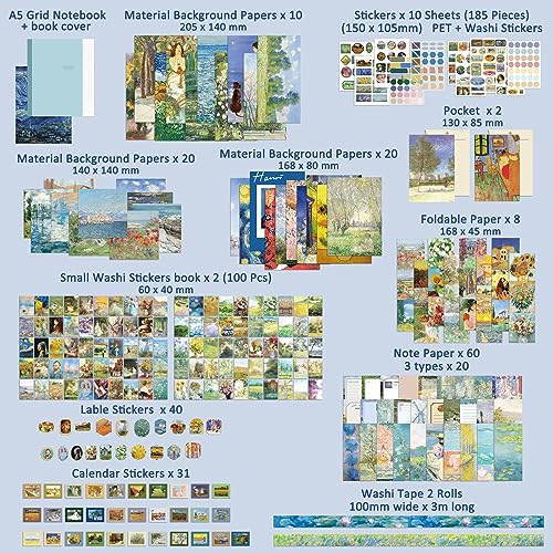 emmoolife Scrapbooking Supplies Kit Plus 480Pcs, Vintage Van Gogh Oil Painting Aesthetic Scrapbook Kit for Bullet Junk Journal, DIY Journaling Supplies, Stationery, A5 Grid Notebook, Craft Gift Kid Girl - Image 2