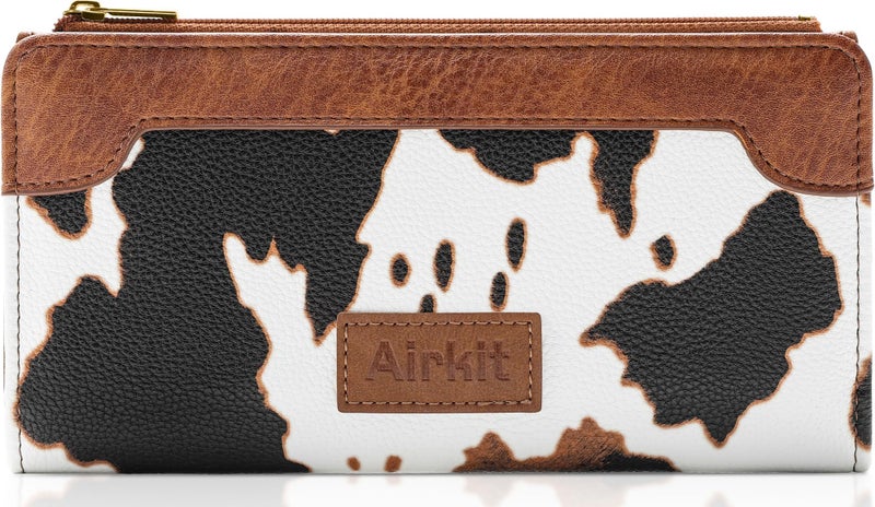 Airkit Cow Print Wallets for Women Bifold Credit Card Holder, Rfid Blocking, ID Window, Western Slim Wallet with Zipper Coin Pocket for Ladies, Cow Brown - Image 1