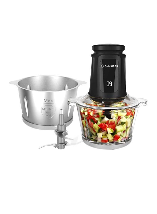 nutricook Choppi, Motor Body, Chopper Bowl Cover, 2x SS Blade Assembly, 2.0L Glass Chopper Bowl, 2.0L SS Chopper Bowl, 2x Anti-Slip Ring, User Manual, 2 L 500 W NC-CH2000 black - Image 1