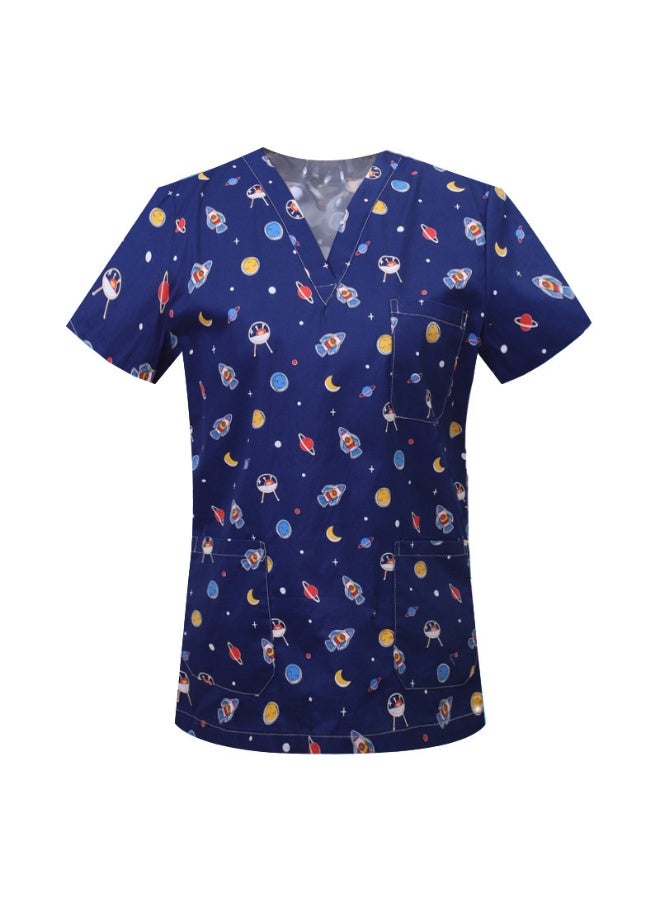 Loquat Womens Medical Scrubs Single Top Medical Uniform Single Printed Top Starry Sky Print on Blue Background - Image 1