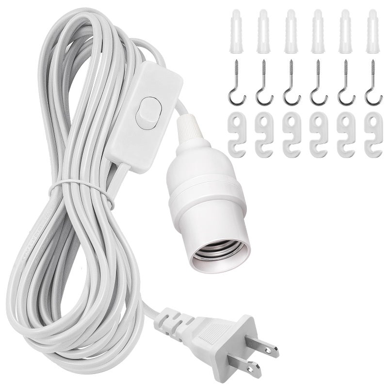 DiCUNO Hanging Lantern Extension Cord Cable, E26 Pendant Light Socket On Off Inline Cord Switch Control Lamp, Switch Close to Polarized Plug, 20 Feet (6M), White, 1-Pack - Image 1