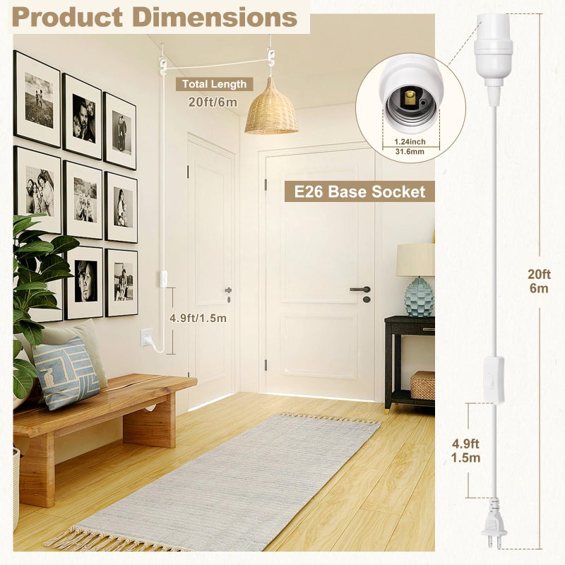 DiCUNO Hanging Lantern Extension Cord Cable, E26 Pendant Light Socket On Off Inline Cord Switch Control Lamp, Switch Close to Polarized Plug, 20 Feet (6M), White, 1-Pack - Image 2