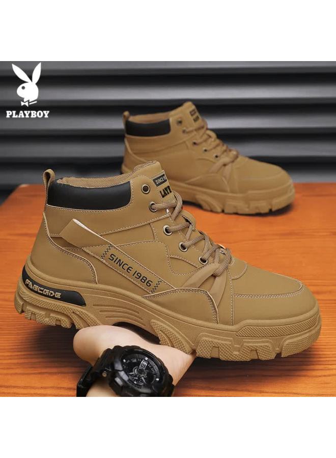 Playboy Men's Shoes Autumn Winter Work Boots Thick Sole Casual Low-top Martin Boots Yellow Size 39 - Image 1