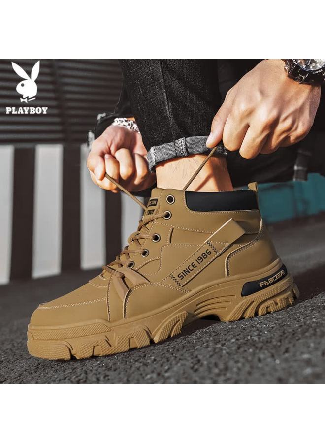 Playboy Men's Shoes Autumn Winter Work Boots Thick Sole Casual Low-top Martin Boots Yellow Size 39 - Image 2