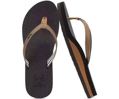 KuaiLu Womens Arch Support Flip Flops Comfortable Yoga Mat Slip on Leather Walking Thong Cushion Sandals Summer Beach Orthotic Slides Travel Essentials Indoor Outdoor Slippers Shoes Brown Size 9 - Image 1