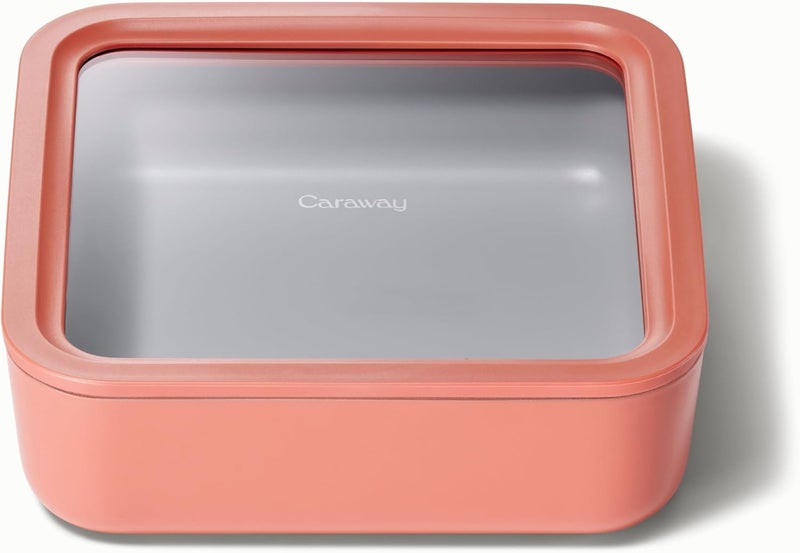 CARAWAY Glass Food Storage - 10 Cup Glass Container - Ceramic Coated Food Container - Non Stick Lunch Box with Lids - Dishwasher, Oven, & Microwave Safe - Square Shape - Perracotta - Image 1