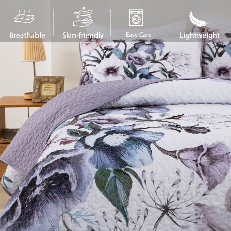 Drucon 3 Pieces Floral Quilt Set Full Purple Flower Pattern Quilt Coverlet Set Soft Microfiber Lightweight Boho Purple Floral Quilted Bedspread for All Season 80"x90" - Image 3
