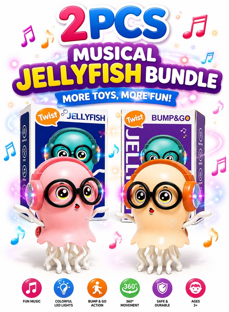 2PCS Musical Jellyfish Toy Bundle with LED Lights, Bump & Go Action & Fun Music for Kids Ages 3+ - Image 1