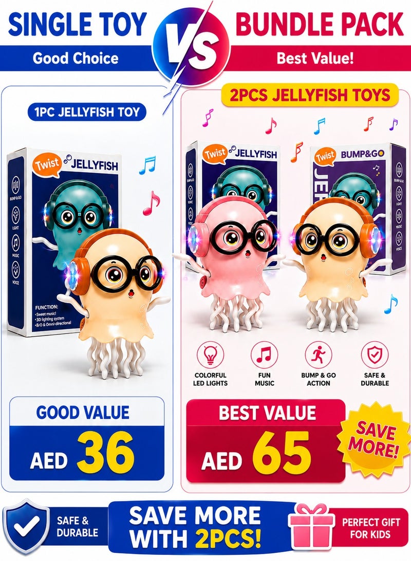 2PCS Musical Jellyfish Toy Bundle with LED Lights, Bump & Go Action & Fun Music for Kids Ages 3+ - Image 2