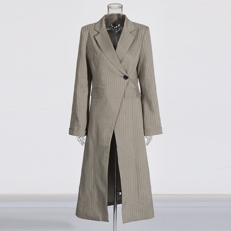 Temperament Work Clothing Style Waist Slimming Look Stripesd Jacket Autumn Silhouette Slit One Button Long Windbreaker For Women - Image 1