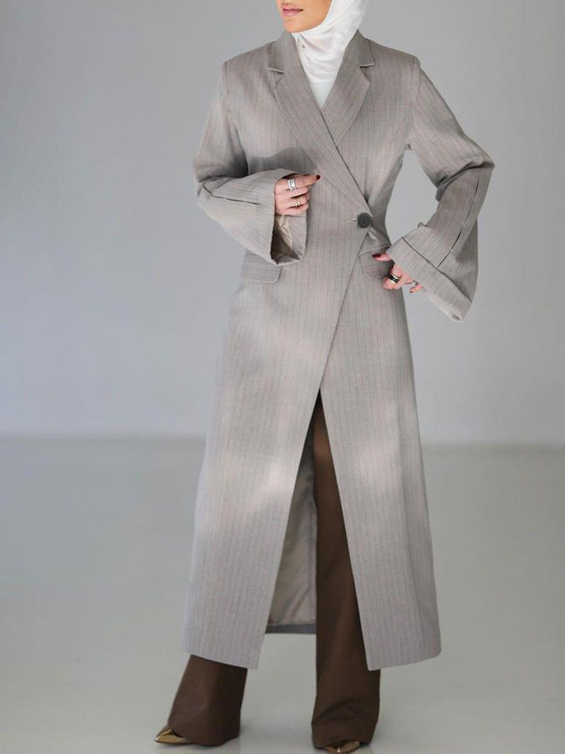 Temperament Work Clothing Style Waist Slimming Look Stripesd Jacket Autumn Silhouette Slit One Button Long Windbreaker For Women - Image 2
