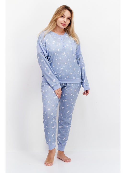 Women 2 Pieces Star Print Top And Bottom Pajama Set, Light Blue