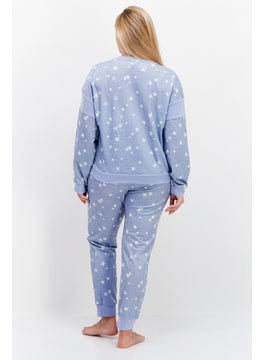 Splendid Women 2 Pieces Star Print Top And Bottom Pajama Set, Light Blue  - Image 3