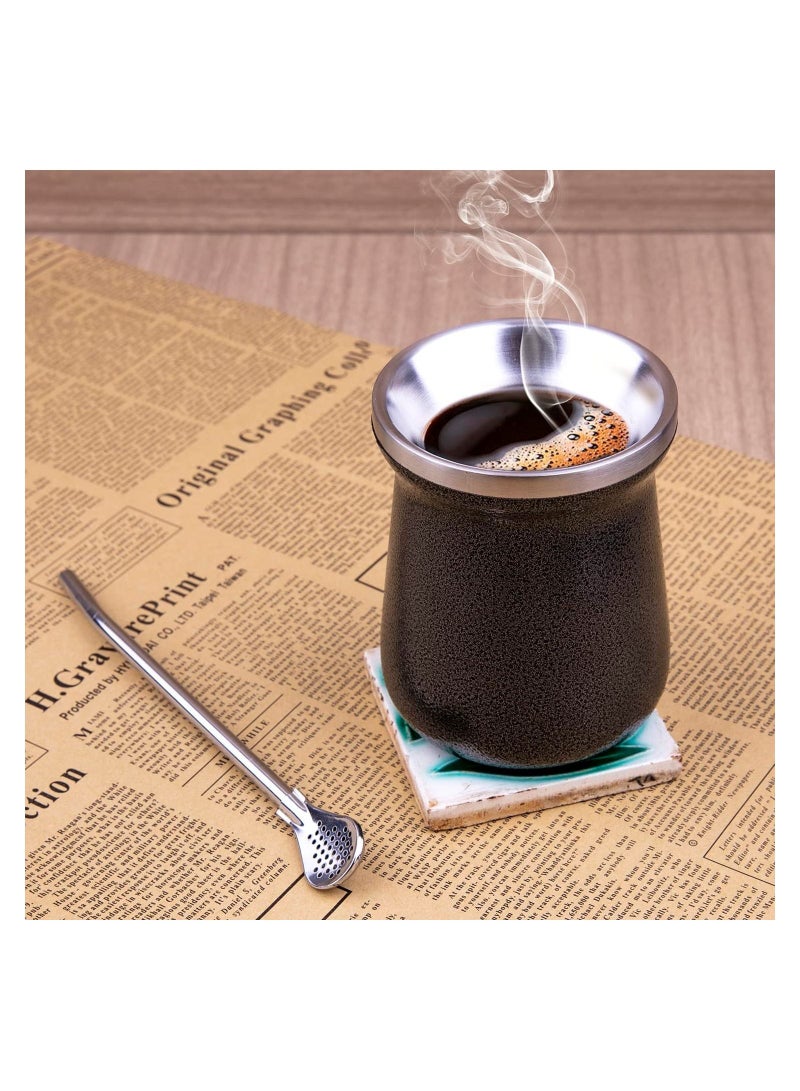 KASTWAVE Yerba Mate Tea Cup 8oz Black Marble Stainless Steel Double Walled Easy Wash Household Insulation Cup for Yerba Mate Loose Leaf Drinking Includes Bombilla Straw  - Image 1