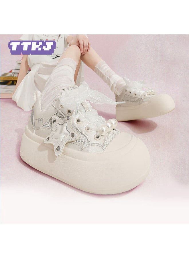 Ttkj أحذية نسائية من Ttkj بتصميم دانتيل ونجمة سميكة مع رباط قوس مريح وقابل للتنفس وزيادة ارتفاع صغيرة ونعل سميك متعددة الاستخدامات رياضية بيضاء - Image 1