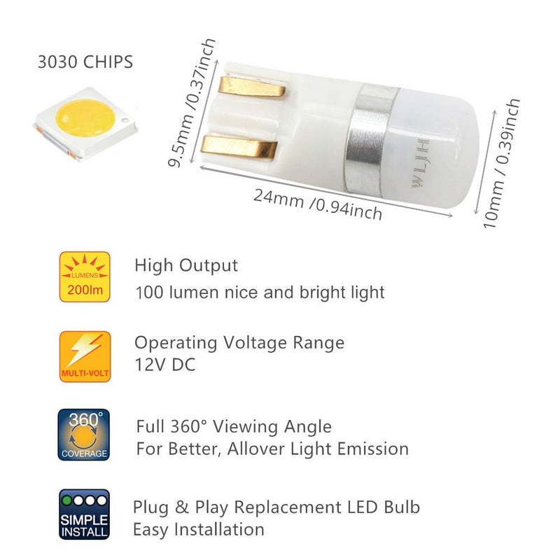 WLJH White T10 Led Light Bulb W5W 194 2825 Car Dash Lights Gauge Dashboard Instrument Cluster Panel Interior Lights Twist Socket PC194 PC195 PC168, Pack of 6 - Image 4