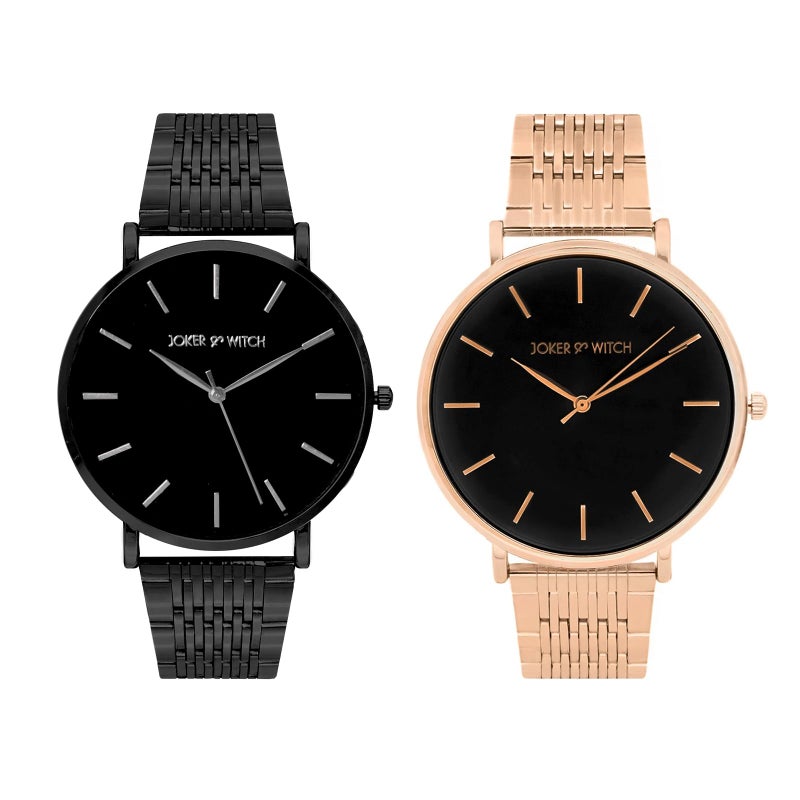 Joker & Witch Stainless Steel Joker And Witch Lu & Will Couple Analogue Watches, Black Dial, Rose Gold Band - Image 5