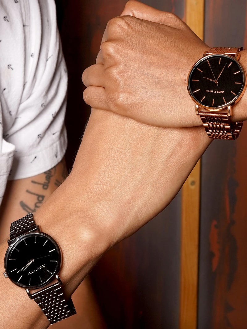 Joker & Witch Stainless Steel Joker And Witch Lu & Will Couple Analogue Watches, Black Dial, Rose Gold Band - Image 2