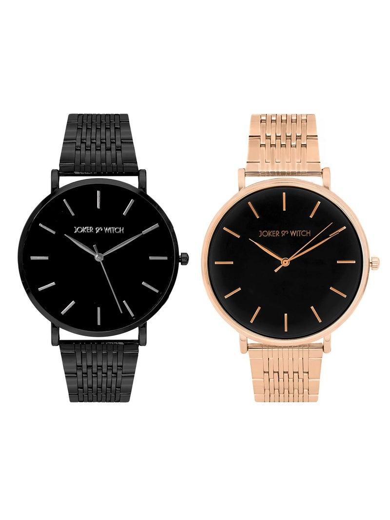 Joker & Witch Stainless Steel Joker And Witch Lu & Will Couple Analogue Watches, Black Dial, Rose Gold Band - Image 4